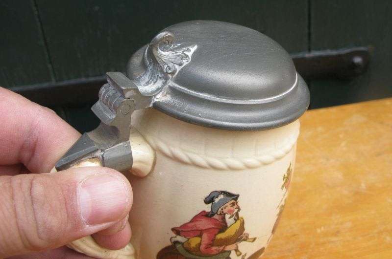 SCARCE !! AN ADORABLE ANTIQUE GERMAN TANKARD WITH PEWTER LID AND THE CUTEST DETAILS !!