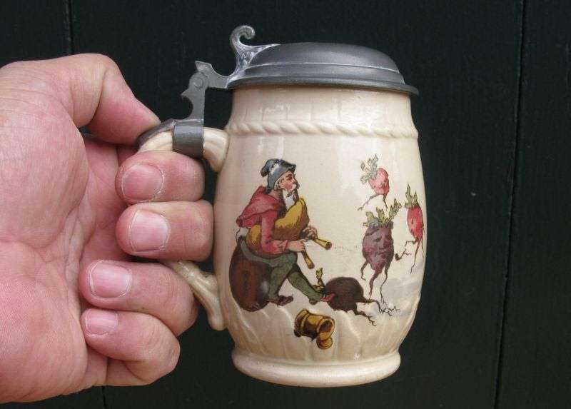 SCARCE !! AN ADORABLE ANTIQUE GERMAN TANKARD WITH PEWTER LID AND THE CUTEST DETAILS !!