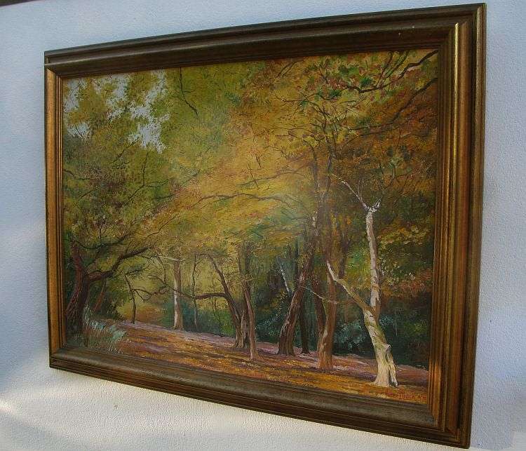 A BEAUTIFUL LARGE ORIGINAL OIL ON BOARD BY SA ARTIST VINCENT OLIVIER OF A FORREST SCENE ...WOW !!!
