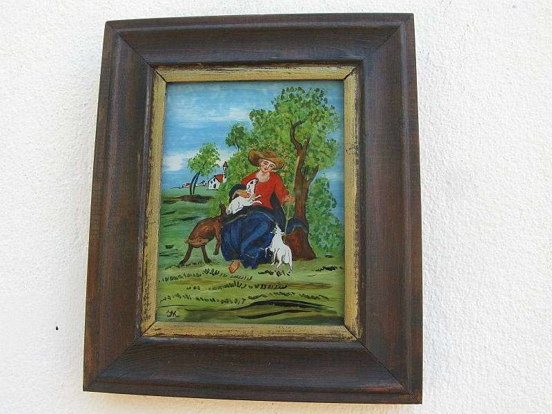 A VERY CHARMING VINTAGE GERMAN MINIATURE PAINTING ON GLASS SIGNED ...MARY AS THE SHEPHERD...WOW !!!