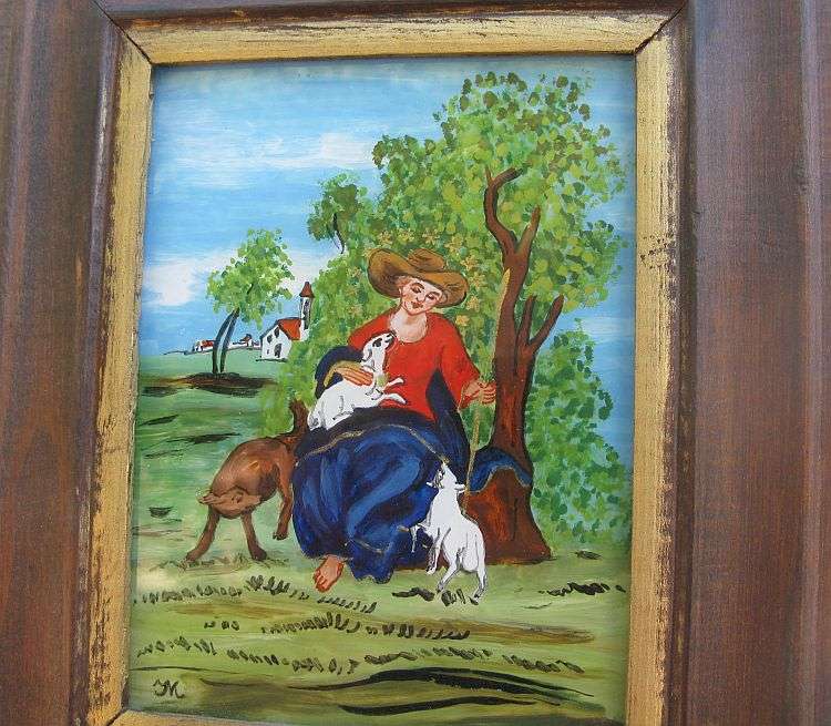 A VERY CHARMING VINTAGE GERMAN MINIATURE PAINTING ON GLASS SIGNED ...MARY AS THE SHEPHERD...WOW !!!