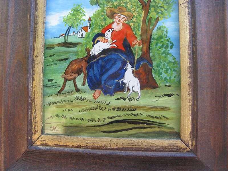A VERY CHARMING VINTAGE GERMAN MINIATURE PAINTING ON GLASS SIGNED ...MARY AS THE SHEPHERD...WOW !!!