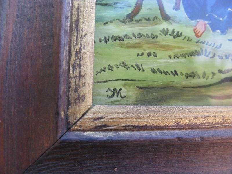A VERY CHARMING VINTAGE GERMAN MINIATURE PAINTING ON GLASS SIGNED ...MARY AS THE SHEPHERD...WOW !!!
