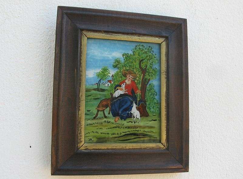 A VERY CHARMING VINTAGE GERMAN MINIATURE PAINTING ON GLASS SIGNED ...MARY AS THE SHEPHERD...WOW !!!