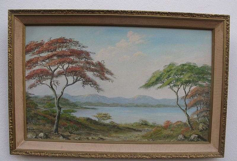 A STUNNING ORIGINAL OIL ON BOARD OF A RIVER AND LANDSCAPE BY ARTIST DIEUWIE HOLTHUYSEN DATED 1983
