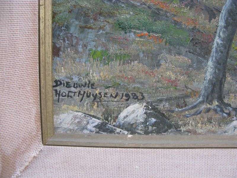 A STUNNING ORIGINAL OIL ON BOARD OF A RIVER AND LANDSCAPE BY ARTIST DIEUWIE HOLTHUYSEN DATED 1983