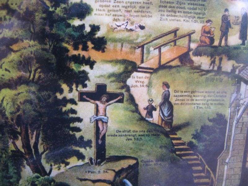 AN EYE CATCHING "RELIGIOUS" PRINT OF "DIE SMAL PAD" / THE NARROW ROAD ...WITH DUTCH WORDING !! WOW !