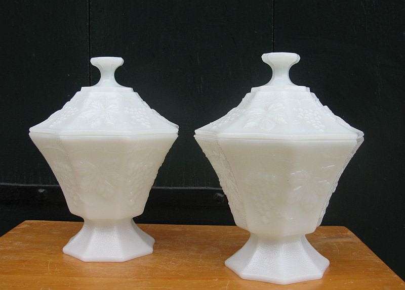SO RARE !! A PAIR OF 1930`S MILK GLASS CANDY DISHES & LIDS WITH GRAPE DETAIL !! SUPERB CONDITION !!