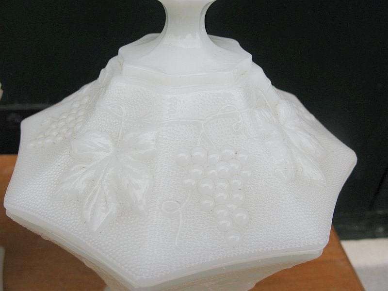 SO RARE !! A PAIR OF 1930`S MILK GLASS CANDY DISHES & LIDS WITH GRAPE DETAIL !! SUPERB CONDITION !!