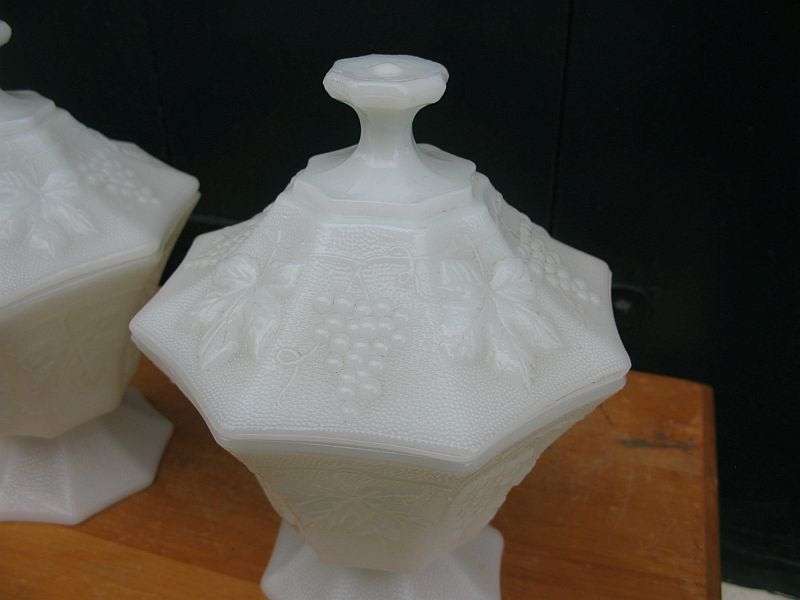 SO RARE !! A PAIR OF 1930`S MILK GLASS CANDY DISHES & LIDS WITH GRAPE DETAIL !! SUPERB CONDITION !!
