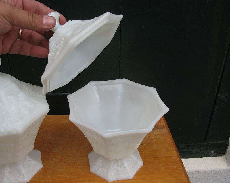 SO RARE !! A PAIR OF 1930`S MILK GLASS CANDY DISHES & LIDS WITH GRAPE DETAIL !! SUPERB CONDITION !!