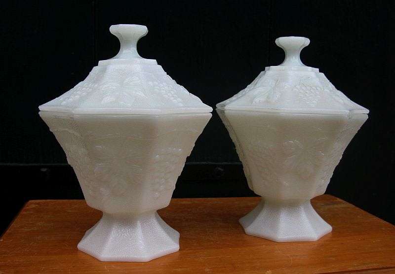 SO RARE !! A PAIR OF 1930`S MILK GLASS CANDY DISHES & LIDS WITH GRAPE DETAIL !! SUPERB CONDITION !!