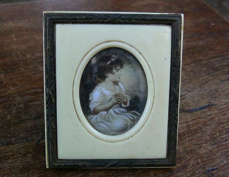 A STYLISH OLD MINIATURE FRAME WITH SIGNED PORTRAIT OF A YOUNG GIRL ... SO CHARMING !!