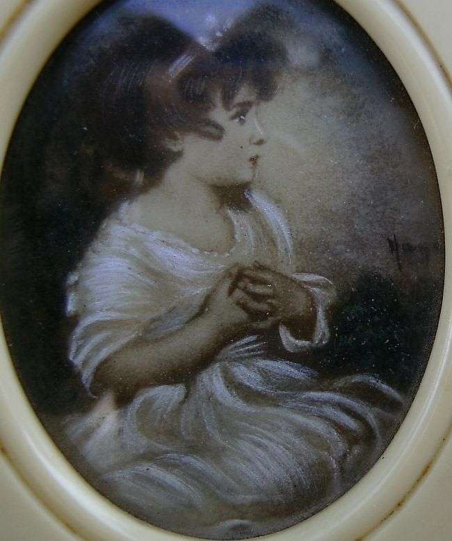 A STYLISH OLD MINIATURE FRAME WITH SIGNED PORTRAIT OF A YOUNG GIRL ... SO CHARMING !!