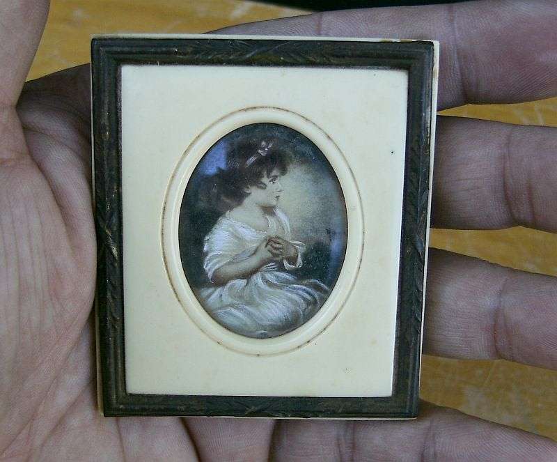 A STYLISH OLD MINIATURE FRAME WITH SIGNED PORTRAIT OF A YOUNG GIRL ... SO CHARMING !!