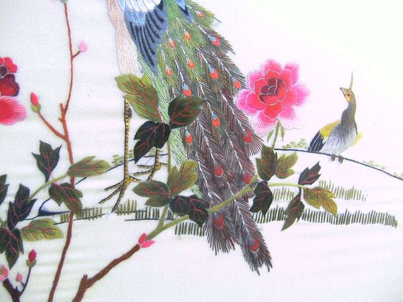 AN EYE CATCHING VINTAGE ORIENTAL EMBROIDERY WITH MAGNIFICENT PEACOCK DETAIL !! AWESOME !!