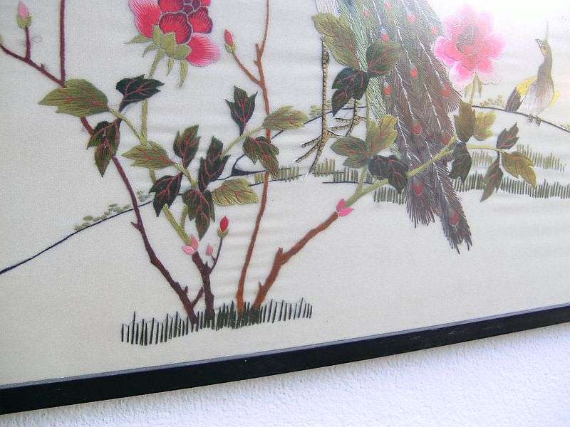 AN EYE CATCHING VINTAGE ORIENTAL EMBROIDERY WITH MAGNIFICENT PEACOCK DETAIL !! AWESOME !!