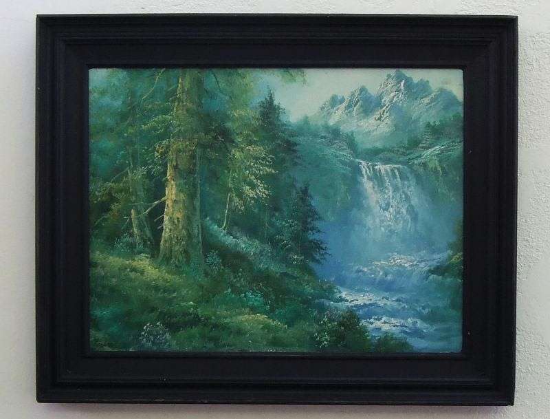 AN EYE CATCHING VINTAGE ORIGINAL OIL ON BOARD OF A FORREST AND MAJESTIC WATERFALL SIGNED ROGERS !!