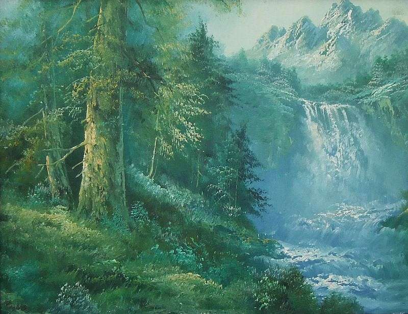 AN EYE CATCHING VINTAGE ORIGINAL OIL ON BOARD OF A FORREST AND MAJESTIC WATERFALL SIGNED ROGERS !!
