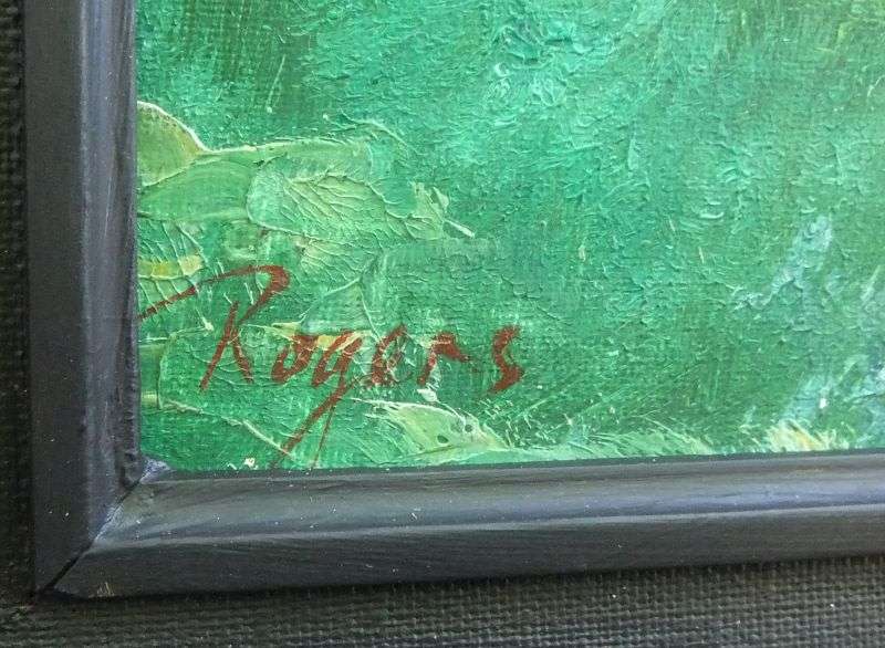 AN EYE CATCHING VINTAGE ORIGINAL OIL ON BOARD OF A FORREST AND MAJESTIC WATERFALL SIGNED ROGERS !!