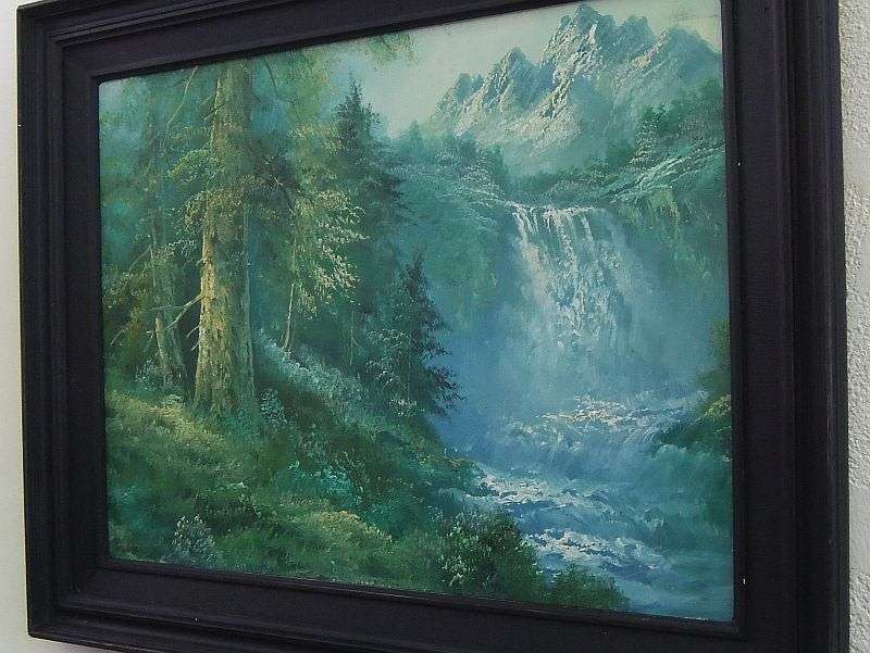 AN EYE CATCHING VINTAGE ORIGINAL OIL ON BOARD OF A FORREST AND MAJESTIC WATERFALL SIGNED ROGERS !!