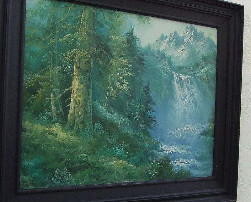 AN EYE CATCHING VINTAGE ORIGINAL OIL ON BOARD OF A FORREST AND MAJESTIC WATERFALL SIGNED ROGERS !!