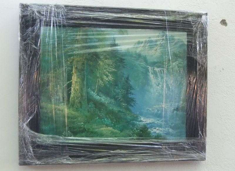 AN EYE CATCHING VINTAGE ORIGINAL OIL ON BOARD OF A FORREST AND MAJESTIC WATERFALL SIGNED ROGERS !!