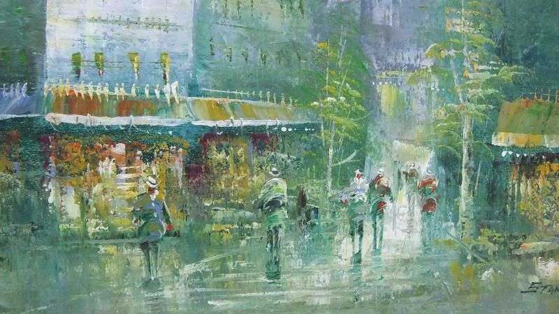 A BIG ORIGINAL VINTAGE OIL ON BOARD DEPICTING A PARISIAN SCENE SIGNED STANFORD