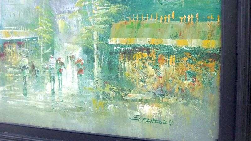 A BIG ORIGINAL VINTAGE OIL ON BOARD DEPICTING A PARISIAN SCENE SIGNED STANFORD