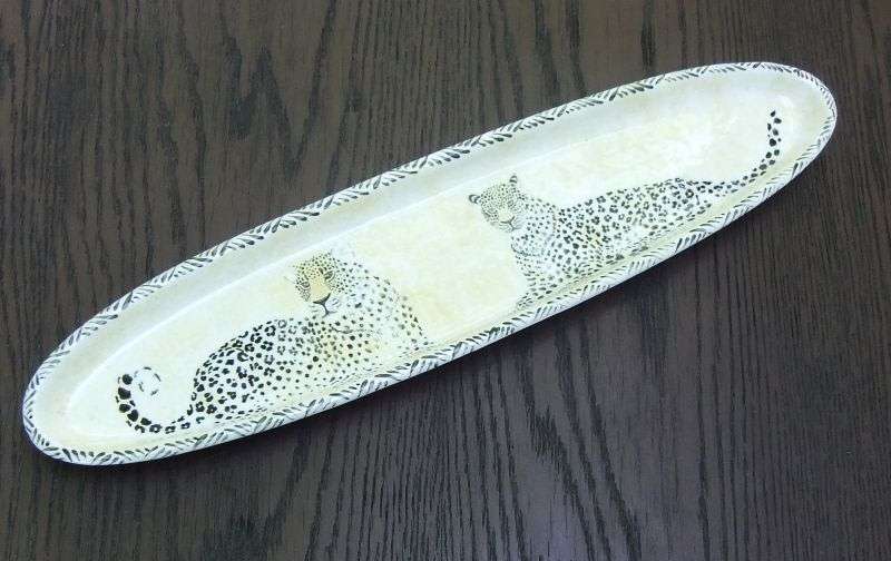 A BEAUTIFUL SIGNED HAND MADE SNACK PLATTER BY RENEE OF DECO POT HERMANUS WITH CHEETAH MOTIF