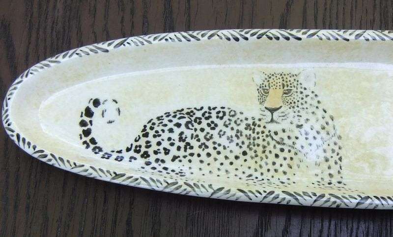 A BEAUTIFUL SIGNED HAND MADE SNACK PLATTER BY RENEE OF DECO POT HERMANUS WITH CHEETAH MOTIF