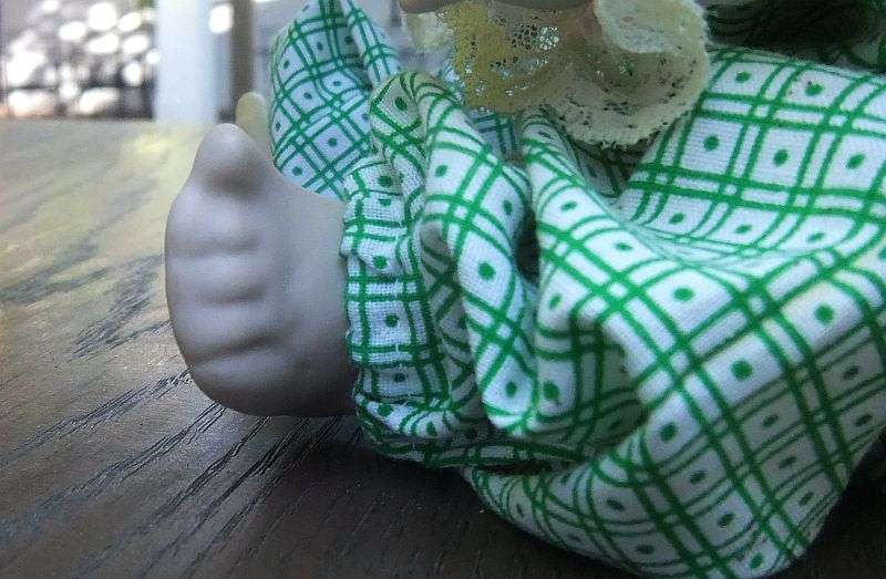AN OLD PORCELAIN DOLL WITH INTERESTING MAKERS MARKS...HEXAGRAM AND NUMBERS ...EXCELLENT QUALITY