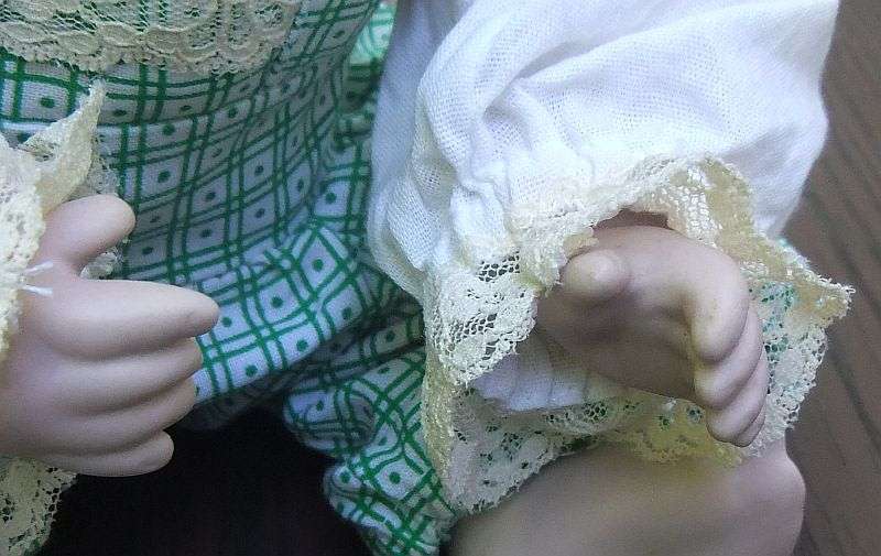 AN OLD PORCELAIN DOLL WITH INTERESTING MAKERS MARKS...HEXAGRAM AND NUMBERS ...EXCELLENT QUALITY