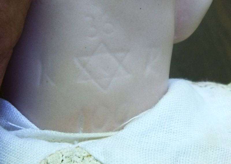 AN OLD PORCELAIN DOLL WITH INTERESTING MAKERS MARKS...HEXAGRAM AND NUMBERS ...EXCELLENT QUALITY