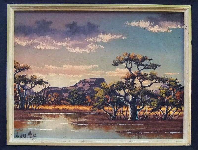 A MAGNIFICENT VINTAGE ORIGINAL OIL ON BOARD DEPICTING A NAMIBIAN LANDSCAPE BY GERDA MANS !! WOW !!