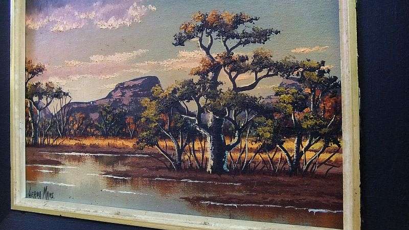 A MAGNIFICENT VINTAGE ORIGINAL OIL ON BOARD DEPICTING A NAMIBIAN LANDSCAPE BY GERDA MANS !! WOW !!