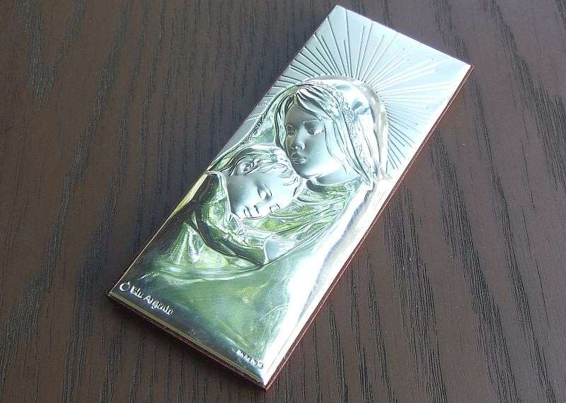 A STUNNING VINTAGE STERLING SILVER CHRISTIAN PLAQUE ON WOODEN BACKING BY BLU ARGENTO ...MARY & CHILD