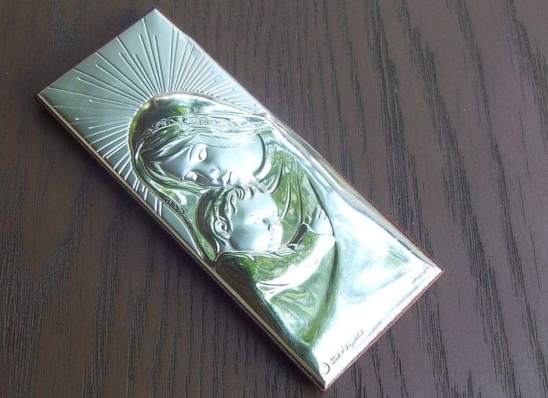 A STUNNING VINTAGE STERLING SILVER CHRISTIAN PLAQUE ON WOODEN BACKING BY BLU ARGENTO ...MARY & CHILD