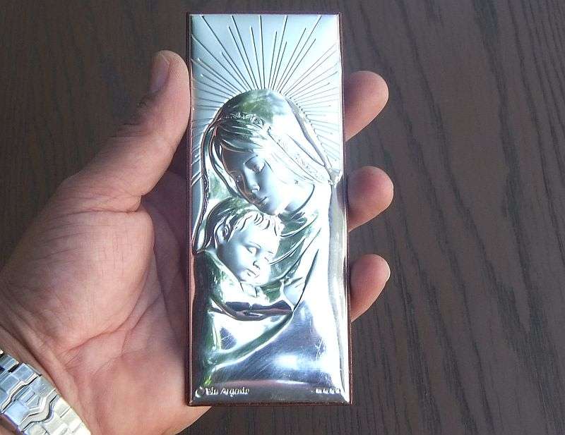 A STUNNING VINTAGE STERLING SILVER CHRISTIAN PLAQUE ON WOODEN BACKING BY BLU ARGENTO ...MARY & CHILD