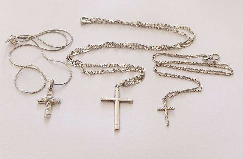 WOW !! THREE STERLING SILVER NECKLACES WITH THREE STERLING SILVER CROSS PENDANTS !! BID FOR THE LOT