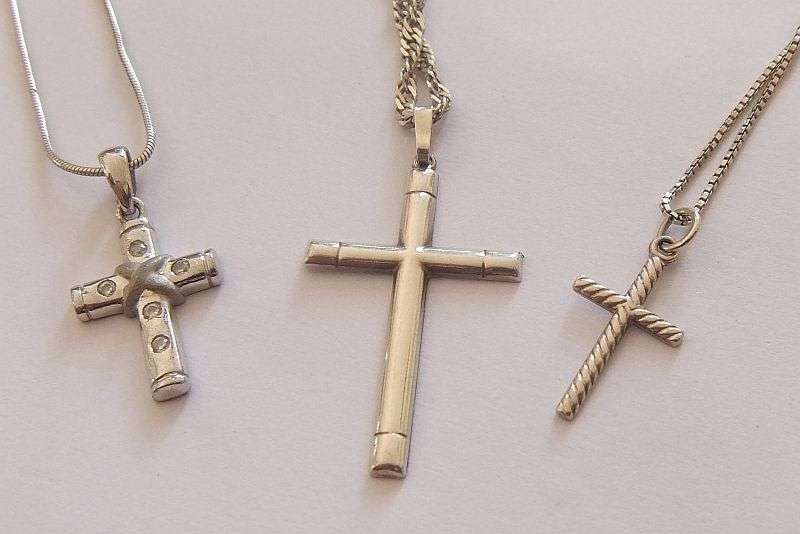 WOW !! THREE STERLING SILVER NECKLACES WITH THREE STERLING SILVER CROSS PENDANTS !! BID FOR THE LOT