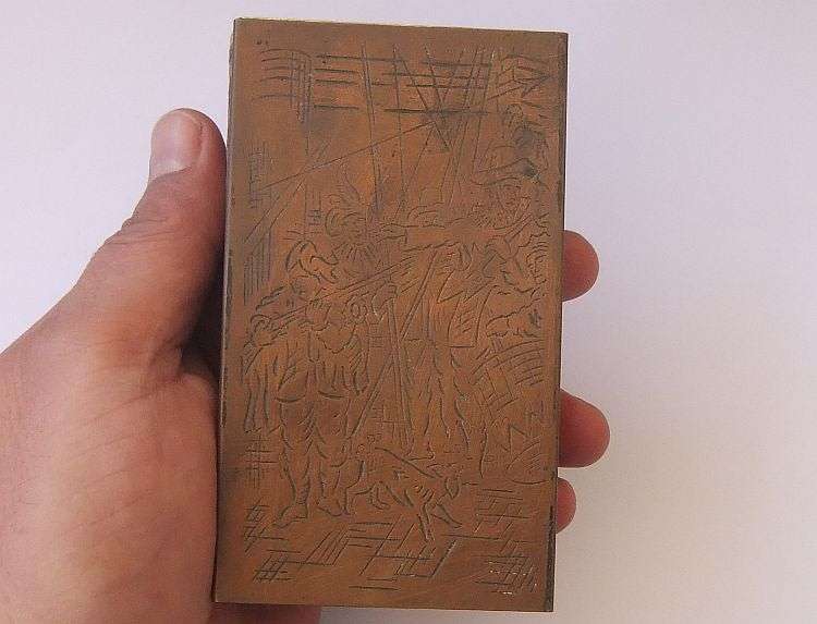 AN OLD COPPER "BIG" MATCHBOX HOLDER / COVER WITH DUTCH MOTIF