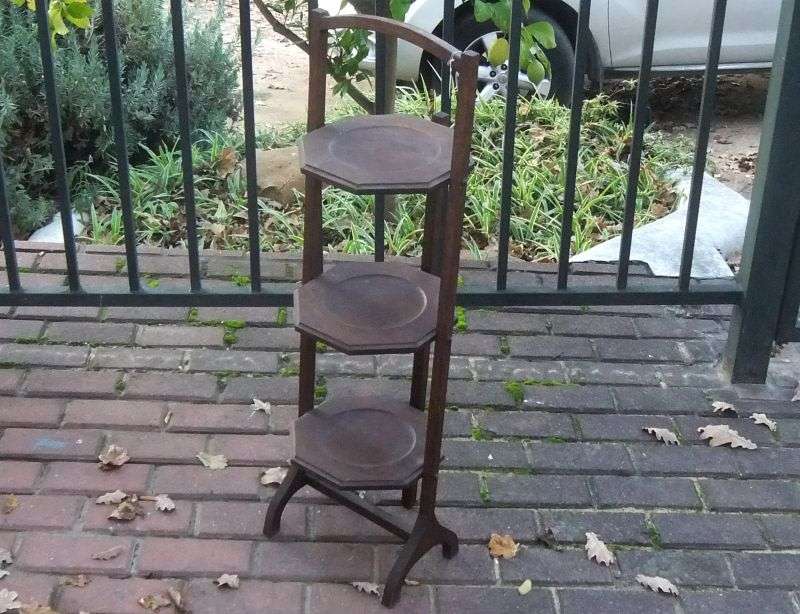 IS IT A BIRD ? IS IT A PLANE ? NO , ITS A RARE VICTORIAN 3 TIER OAK CAKE STAND...FOLD UP...CLASSY !!