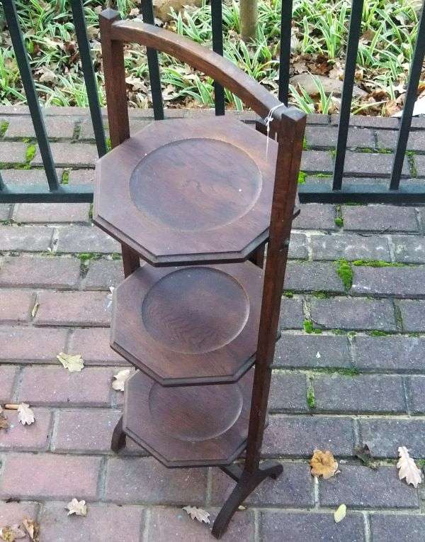 IS IT A BIRD ? IS IT A PLANE ? NO , ITS A RARE VICTORIAN 3 TIER OAK CAKE STAND...FOLD UP...CLASSY !!