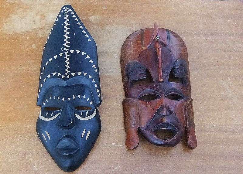 WICKED FINDS !! BID FOR BOTH !! TWO CHARACTERFUL VINTAGE CARVED WOOD AFRICAN MASKS ...
