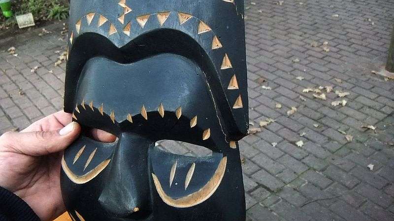 WICKED FINDS !! BID FOR BOTH !! TWO CHARACTERFUL VINTAGE CARVED WOOD AFRICAN MASKS ...