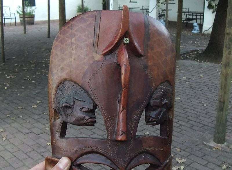 WICKED FINDS !! BID FOR BOTH !! TWO CHARACTERFUL VINTAGE CARVED WOOD AFRICAN MASKS ...