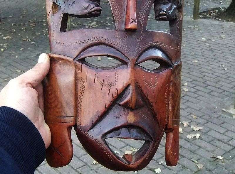 WICKED FINDS !! BID FOR BOTH !! TWO CHARACTERFUL VINTAGE CARVED WOOD AFRICAN MASKS ...