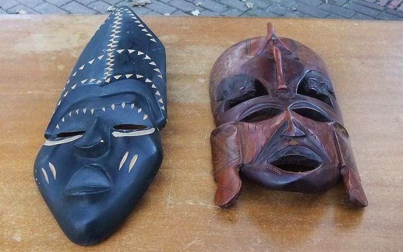 WICKED FINDS !! BID FOR BOTH !! TWO CHARACTERFUL VINTAGE CARVED WOOD AFRICAN MASKS ...