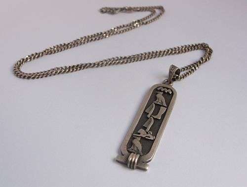 A VINTAGE STERLING SILVER NECKLACE WITH A HIEROGLYPHICS INSPIRED SILVER PENDANT !!! AWESOME !!!
